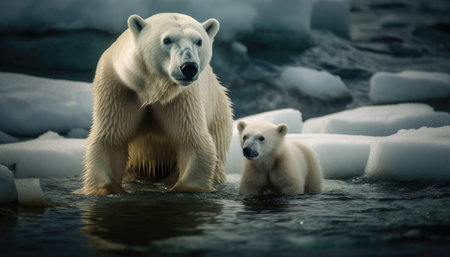 Photograph of a polar bear and its cub, which was left in the middle of the glaciers as the ice melted. with Generative AIの素材
