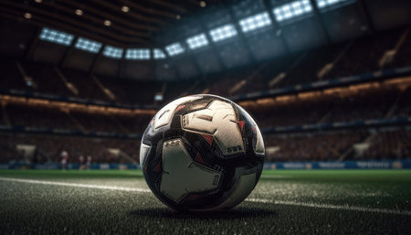 Soccer ball standing in the middle of the soccer field under the evening spotlights with Generative AIの素材