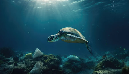 Under the ocean, a photo with garbage, caretta caretta and fish. Environmental pollution concept. with Generative AIの素材