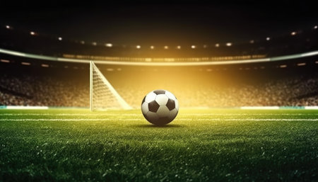 Soccer ball standing in the middle of the soccer field under the evening spotlights. with Generative AIの素材