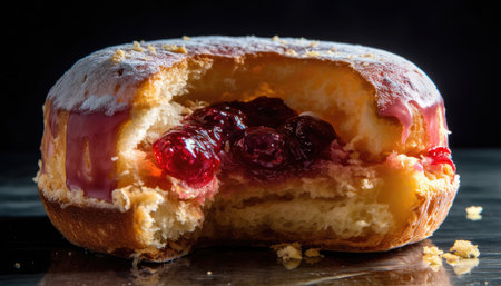 A cross-sectional photo of the jelly-filled version of the donut with Generative AIの素材