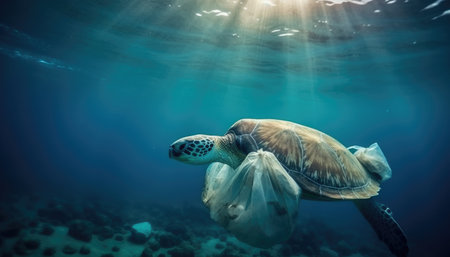 Under the ocean, a photo with garbage, caretta caretta and fish. Environmental pollution concept. with Generative AIの素材