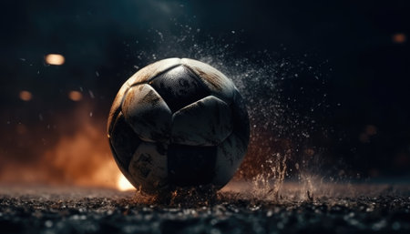 Soccer ball standing in middle of soccer field in rainy weather under evening spotlights. with Generative AIの素材