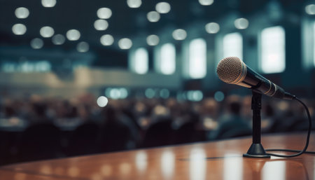 Microphone over the Abstract blurred photo of conference hall. Business meeting and education concept. with Generative AIの素材