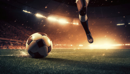 Foot of football player kicking soccer ball fast in stadium. with Generative AIの素材