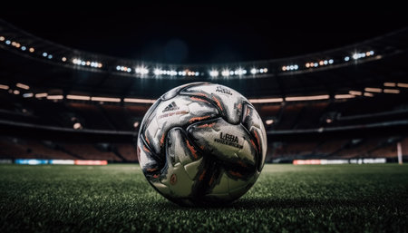 Soccer ball standing in the middle of the soccer field under the evening spotlights with Generative AIの素材