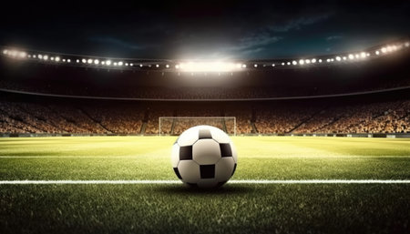 Soccer ball standing in the middle of the soccer field under the evening spotlights. with Generative AIの素材