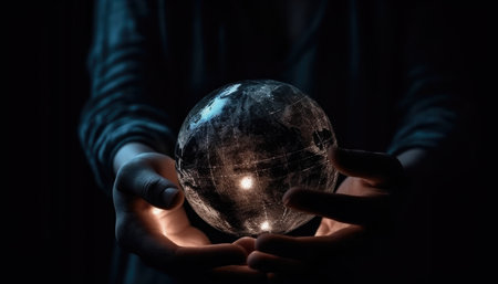Shiny round world in human hands at night time. Earthday. Energy saving concept. with generative aiの素材