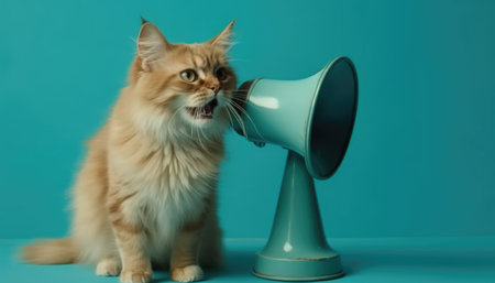 Cat holds a loudspeaker and attracts attention on a blue backgrounds. Creative idea of advertising. Generative AIの素材