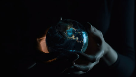 Shiny round world in human hands at night time. Earthday. Energy saving concept. with generative aiの素材