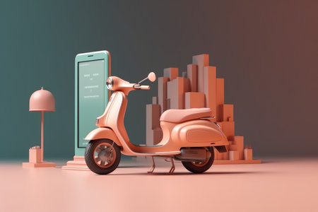 E-commerce concept, Delivery service in mobile app, Transportation or delivery by scooter, 3d render. with Generative AIの素材
