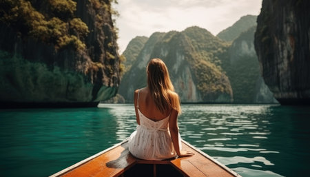 Happy tourist woman in white summer dress resting on boat in beautiful travel concept to Thailand. with Generative AIの素材