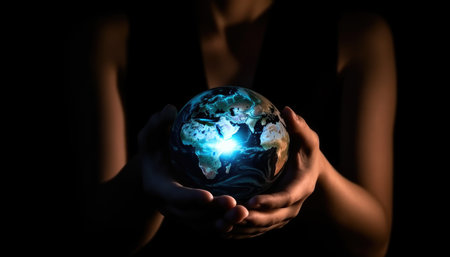 Shiny round world in human hands at night time. Earthday. Energy saving concept. with generative aiの素材