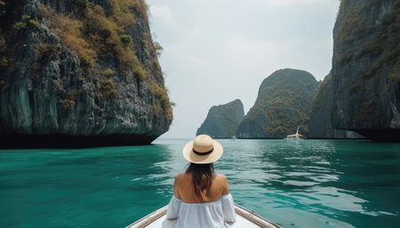 Happy tourist woman in white summer dress resting on boat in beautiful travel concept to Thailand. with Generative AIの素材