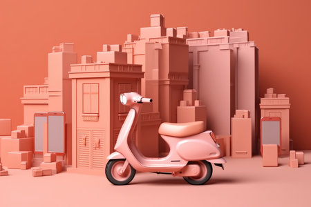 E-commerce concept, Delivery service in mobile app, Transportation or delivery by scooter, 3d render. with Generative AIの素材