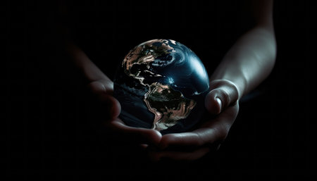 Shiny round world in human hands at night time. Earthday. Energy saving concept. with generative aiの素材