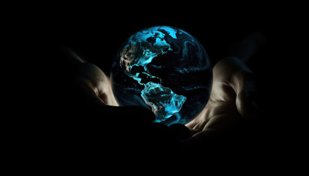 Shiny round world in human hands at night time. Earthday. Energy saving concept. with generative aiの素材