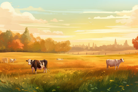Cows grazing on a farm with sunlight, farm landscape illustration. Generative AIの素材