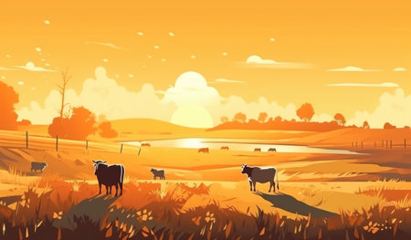 Cows grazing on a farm with sunlight, farm landscape illustration. Generative AIの素材