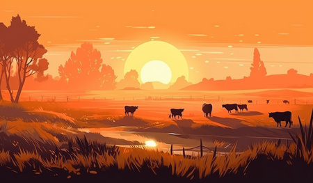 Cows grazing on a farm with sunlight, farm landscape illustration. Generative AIの素材