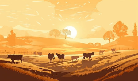 Cows grazing on a farm with sunlight, farm landscape illustration. Generative AIの素材