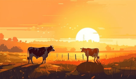 Cows grazing on a farm with sunlight, farm landscape illustration. Generative AIの素材
