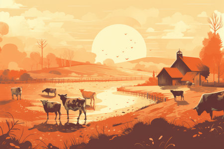 Cows grazing on a farm with sunlight, farm landscape illustration. Generative AIの素材