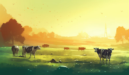 Cows grazing on a farm with sunlight, farm landscape illustration. Generative AIの素材