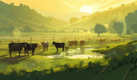 Cows grazing on a farm with sunlight, farm landscape illustration. Generative AIの素材