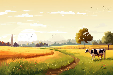 Cows grazing on a farm with sunlight, farm landscape illustration. Generative AIの素材
