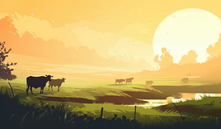 Cows grazing on a farm with sunlight, farm landscape illustration. Generative AIの素材