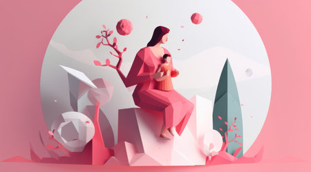 Mother's day greeting card clipart personalized mother card template, in the style of 3D polygonal paper art. Generative AIの素材
