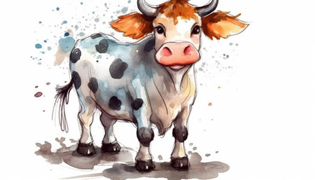 Watercolor cute cow white background. generative aiの素材