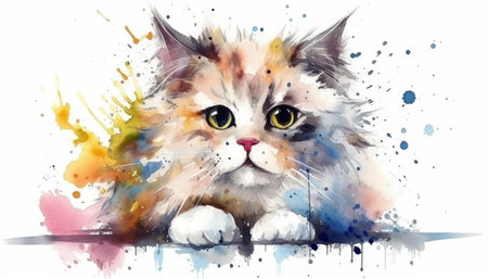 Watercolor cute cat white background. Generative AIの素材