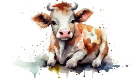 Watercolor cute cow white background. generative aiの素材