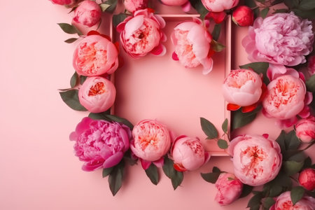 Top view photo of pink peony roses on isolated pastel pink background with copy space. Mother's Day celebration with generative aiの素材