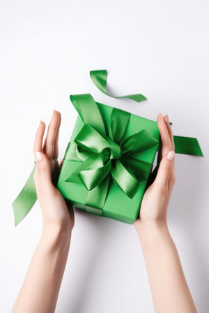 Gift box with ribbon bow in female hands with Generative AIの素材