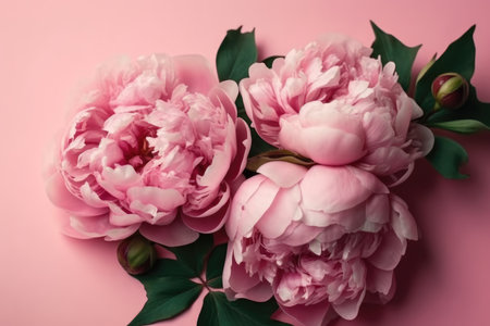Top view photo of pink peony roses on isolated pastel pink background with copy space. Mother's Day celebration with generative aiの素材