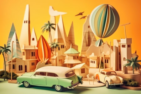 Summer travel vacation beach holidays concept. Retro paper art collage with Generative AIの素材