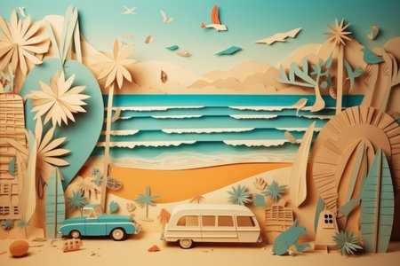 Summer travel vacation beach holidays concept. Retro paper art collage with Generative AIの素材