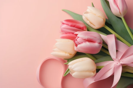 Women's Day concept. Top view photo of bunches of colorful tulips on isolated pastel pink background with copy space with Generative AIの素材