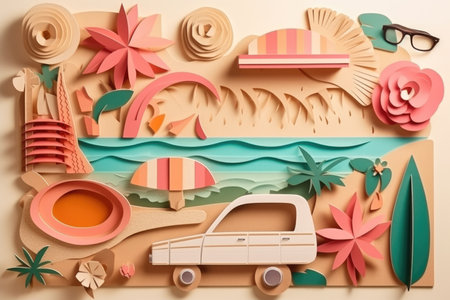 Summer travel vacation beach holidays concept. Retro paper art collage with Generative AIの素材