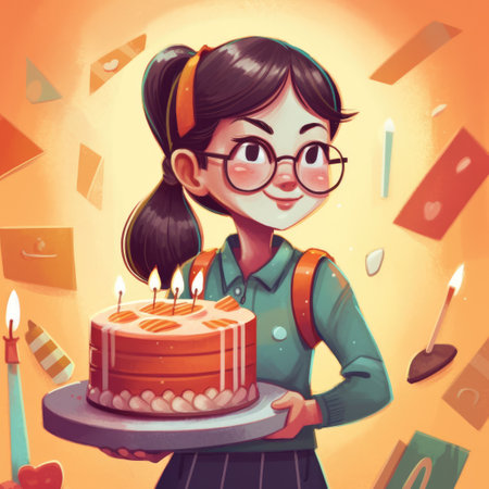 A girl is holding a cake while celebrating a birthday, cartoon illustration. generative aiの素材