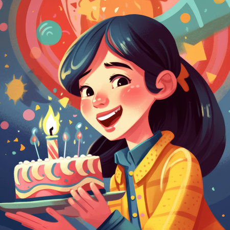A girl is holding a cake while celebrating a birthday, cartoon illustration. generative aiの素材