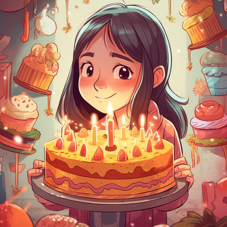 A girl is holding a cake while celebrating a birthday, cartoon illustration. generative aiの素材