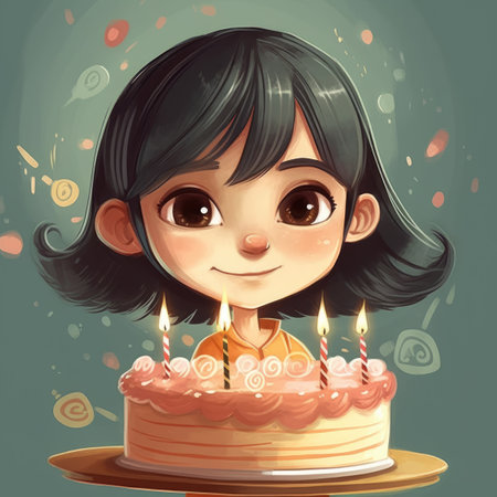 A girl is holding a cake while celebrating a birthday, cartoon illustration. generative aiの素材
