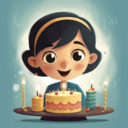 A girl is holding a cake while celebrating a birthday, cartoon illustration. generative aiの素材