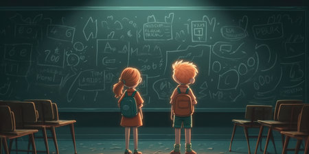 Two children standing with blackboard next to each other, cartoon illustration. generative aiの素材