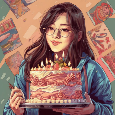 A girl is holding a cake while celebrating a birthday, cartoon illustration. generative aiの素材