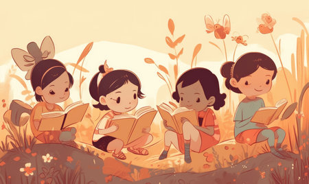 Preschool children reading books. flat illustration in the summertime with bees with Generative AIの素材